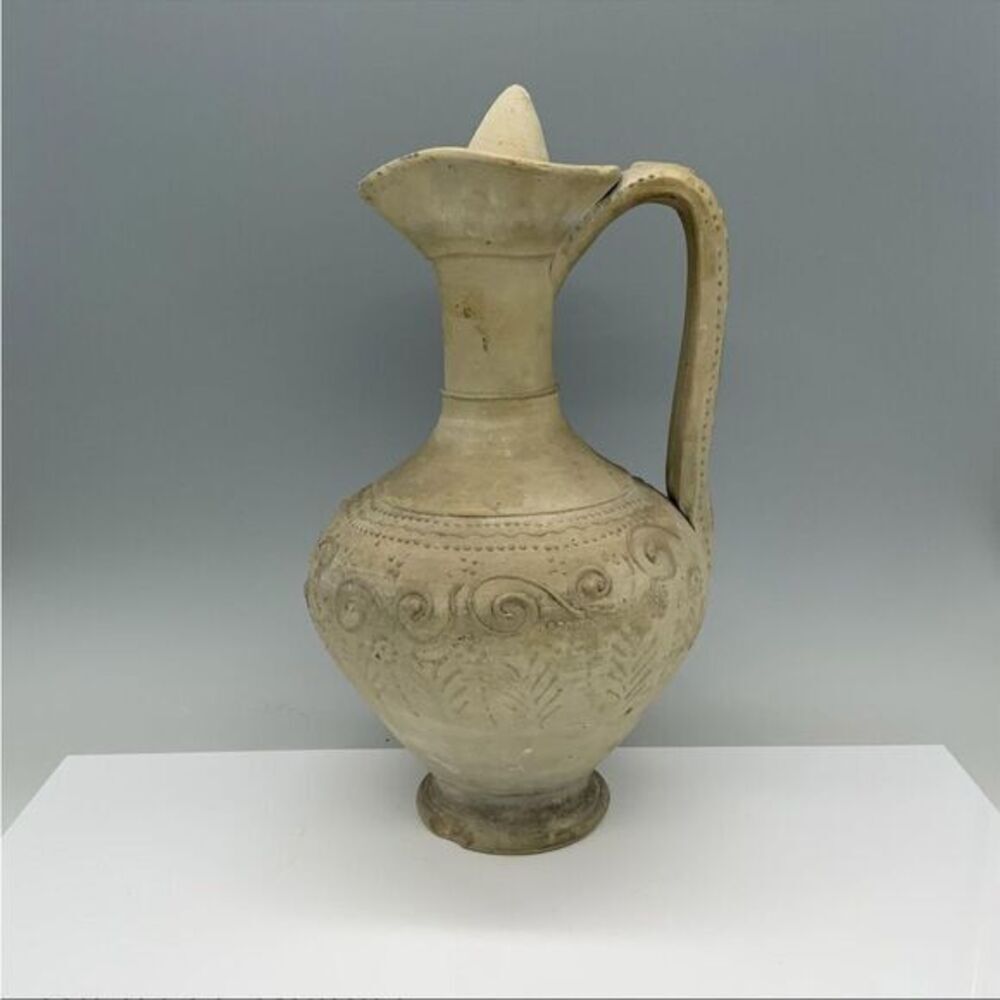 Antique Handmade Greek Oenochoe Terracotta Clay Vase with Handle High End